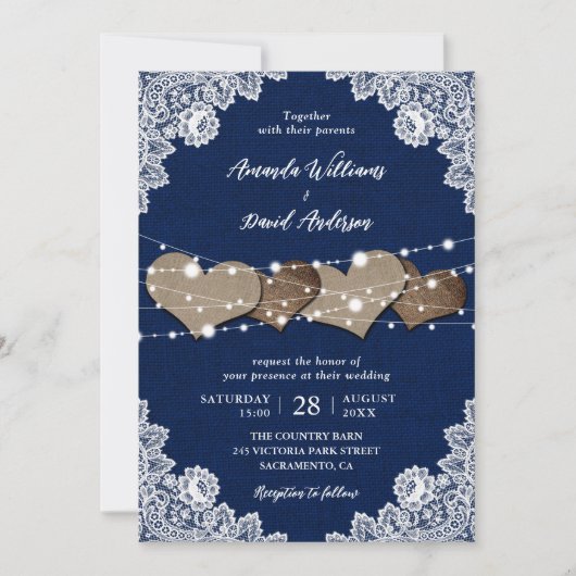 Invitation Russe Pays Marine Bleu Burlap Mariage dentelle (Devant)