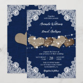 Invitation Russe Pays Marine Bleu Burlap Mariage dentelle (Devant / Derrière)
