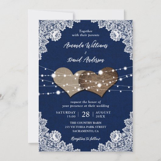 Invitation Russe Pays Marine Bleu Burlap Mariage dentelle (Devant)