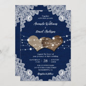 Invitation Russe Pays Marine Bleu Burlap Mariage dentelle (Devant / Derrière)