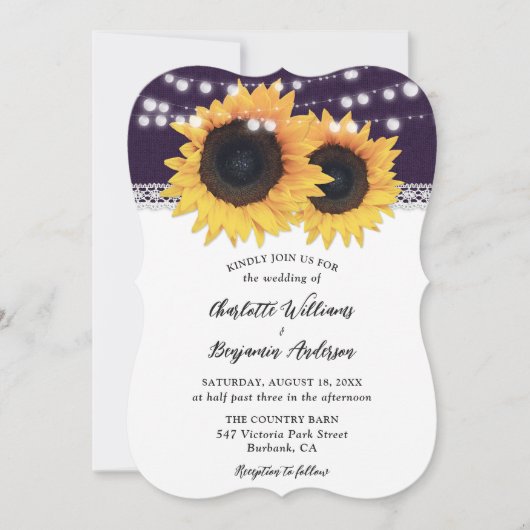 Invitation Russe Pays Purple Burlap Mariage de tournesol (Devant)