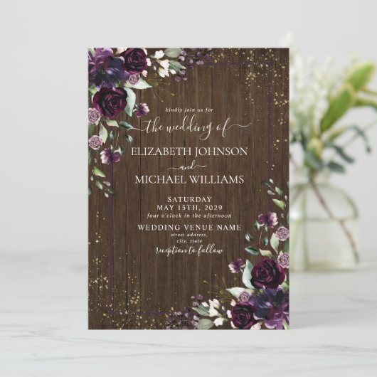 Invitation Russe Plum violet or Aquarelle en marbre (Debout devant)