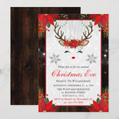 Invitation Russe Poinsettia Reindeer Visage Noël Réveillon (Devant / Derrière)