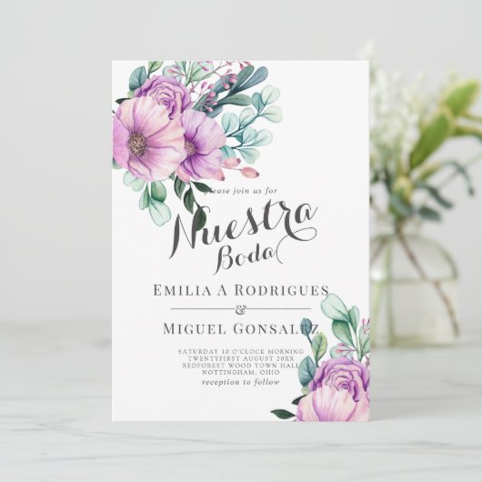 Invitation Russe pourpre Bloom Nuestra Boda Mariage espagnol (Debout devant)