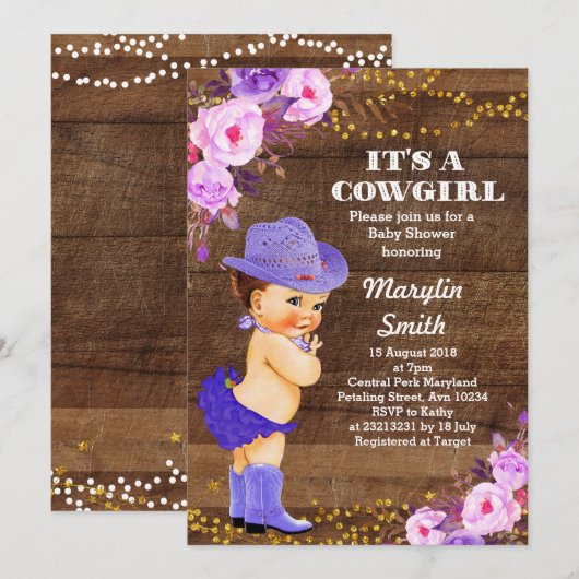 Invitation Russe Purple Cowgirl Baby shower Lilac (Devant / Derrière)