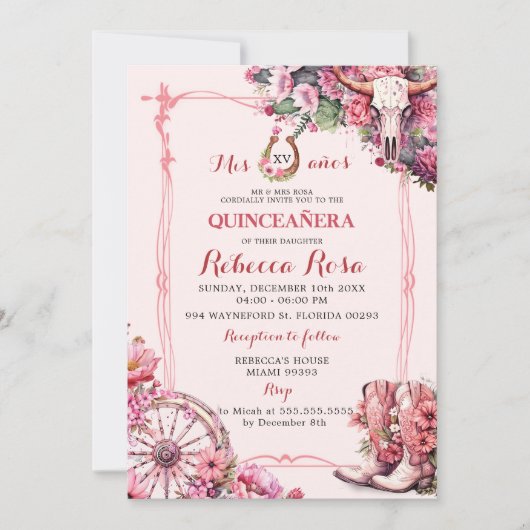 Invitation Russe rose Boho Ouest Charra Thème Quinceanera (Devant)