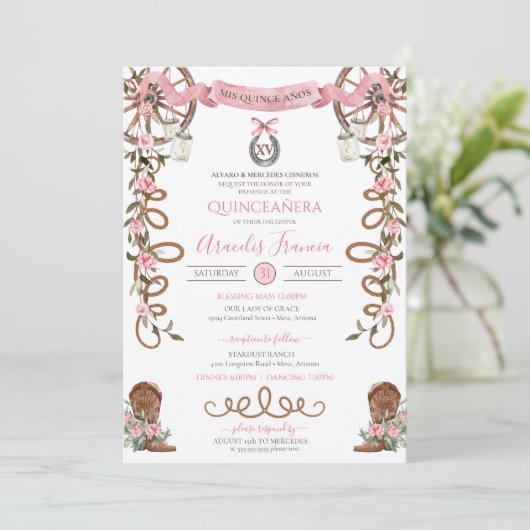 Invitation Russe rose Boho Ouest Charra Thème Quinceanera (Debout devant)