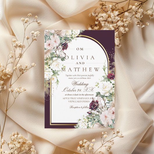 Invitation Russe Rose de Bourgogne Mariage or