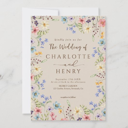 Invitation Russe Simple Fleur sauvage Beige QR Code Mariage (Devant)