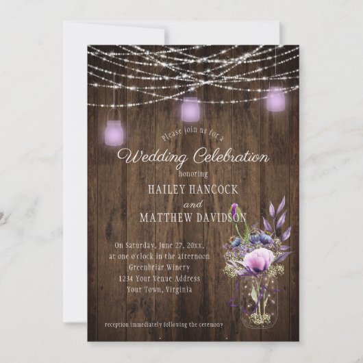 Invitation Russe String éclat violet Mason Jars Mariage (Devant)