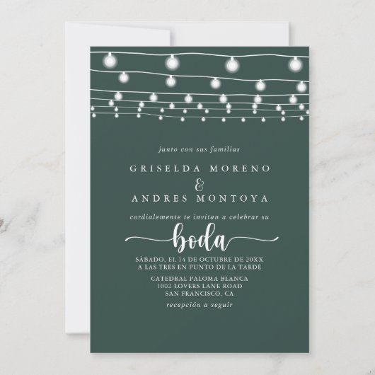 Invitation Russe String lights Mariage espagnol vert (Devant)