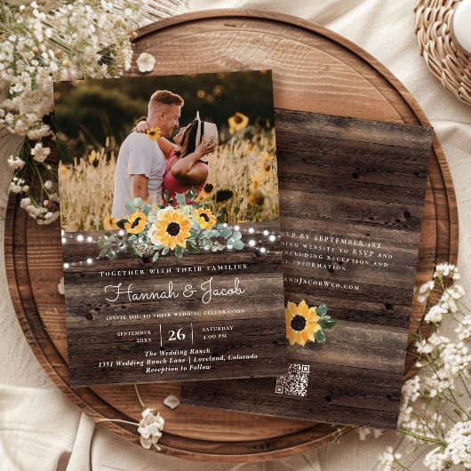 Invitation Russe Sunflower Wood QR Code RSVP Mariage