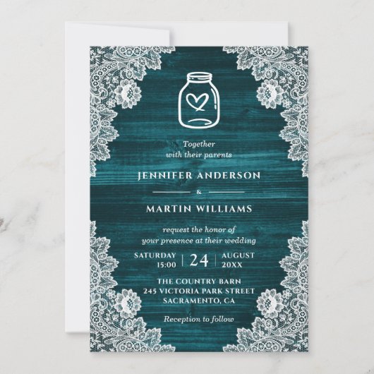 Invitation Russe Turquoise bois Floral dentelle Mason Jar Mar (Devant)