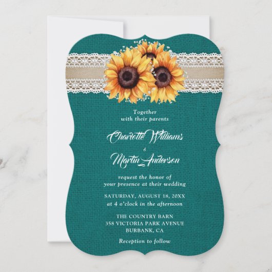 Invitation Russe Turquoise Burlap Lace Mariage tournesol (Devant)