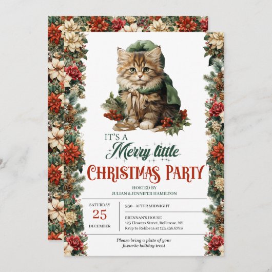 Invitation Russe vert et or élégant chat de Noël (Devant / Derrière)