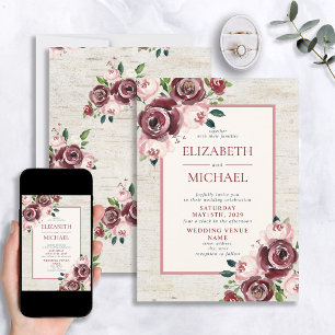 Invitation Russe Vintage Bourgogne Blush Rose Floral Mariage