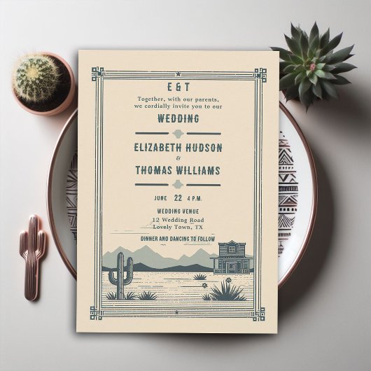 Invitation Russe Vintage Cowboy Mariage Barn Cactus Turquoise