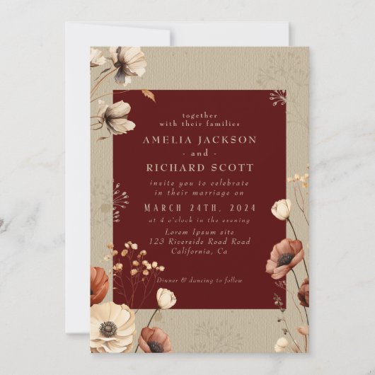 Invitation Russe Vintage sec fleur sauvage Bourgogne Mariage (Devant)