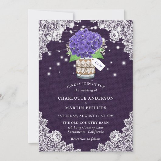Invitation Russe violet Burlap dentelle Hydrangea Mariage (Devant)