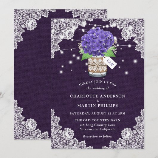 Invitation Russe violet Burlap dentelle Hydrangea Mariage (Devant / Derrière)