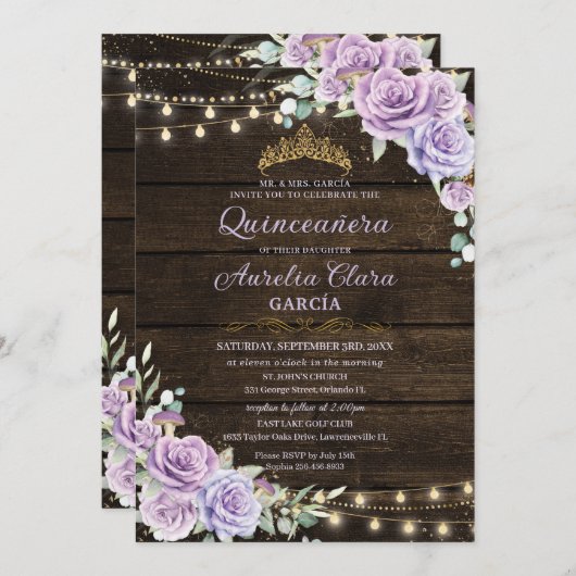 Invitation Russe violet Floral Enchantée Forêt Quinceanera (Devant / Derrière)