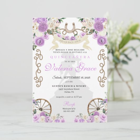 Invitation Russe violet Occidental Charro Femme Quinceañera (Debout devant)