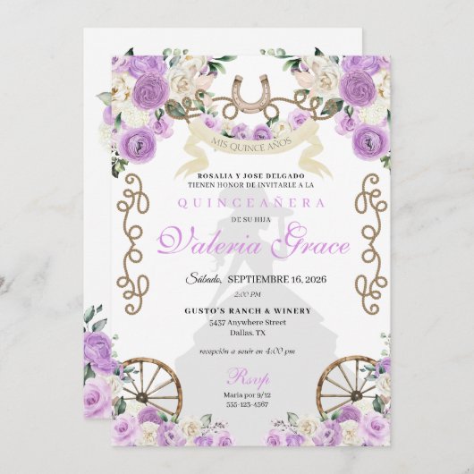 Invitation Russe violet Occidental Charro Femme Quinceañera (Devant / Derrière)