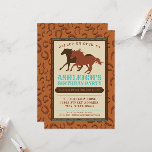 Invitation Russe Western Cowboy Cheval Brown Anniversaire (Devant/Arrière en situation)