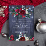 Invitation Russe Winter Navy Rouge Floral Noël Open House<br><div class="desc">Elégante aquarelle d'hiver Noël entreprise à la maison ouverte modèle avec bouquets de roses bordeaux et blancs de pivoine avec branches de sapin vert saisonnier, baies rouges et feuillage sur un sombre minuit arrière - plan en bois de grange bleu marine avec lampes à cordes. Personnalisez-le avec vos détails !...</div>