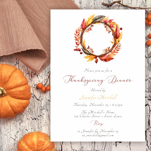 Invitation Russe Wreath Automne Thanksgiving Dîner
