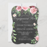 Invitation Russie rose Roses Chalkboard Partie d'engagement<br><div class="desc">Invitation de fiançailles romantique et élégante avec des roses de pivoine peints à la main rose et rouge bordeaux avec des feuilles vert émeraude et du feuillage et avec un script de calligraphie chic et à la main élégante contre un arrière - plan de tableau noir de charbon gris foncé....</div>