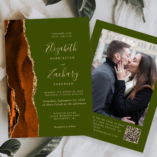 Invitation Rust Agate Olive Green Photo QR Code Mariage