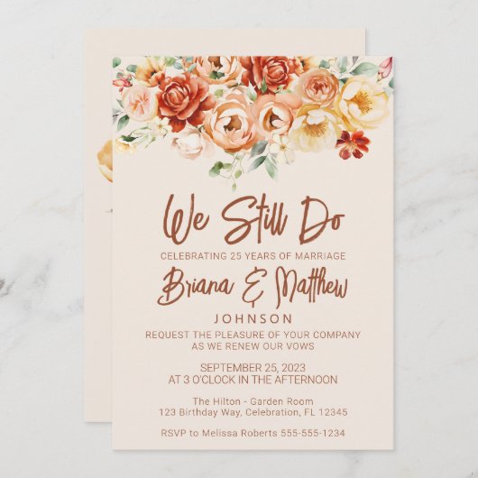 Invitation Rust Beige Floral Mariage Vow Renouvellement (Devant / Derrière)