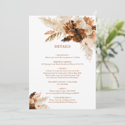 Invitation Rust Bohemian Et Pampas Grass Mariage Détails (Debout devant)