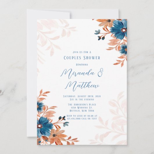 Invitation Rust et bleu Aquarelle Florals Couples Douche (Devant)