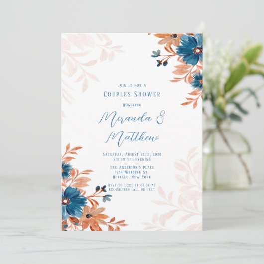 Invitation Rust et bleu Aquarelle Florals Couples Douche (Debout devant)