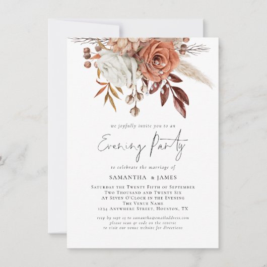 Invitation Rust Florals QR Code Mariage Soirée (Devant)