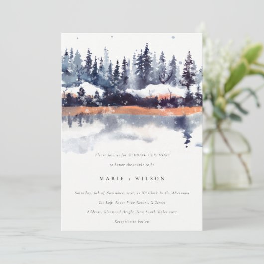 Invitation Rust Navy Winter Pine Forest Mariage de neige (Debout devant)