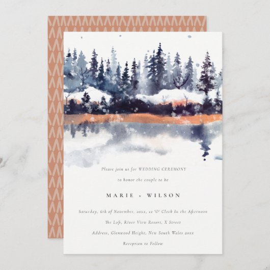 Invitation Rust Navy Winter Pine Forest Mariage de neige (Devant / Derrière)