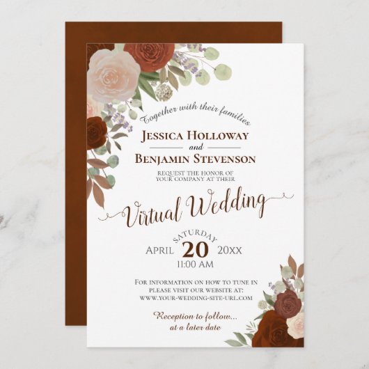 Invitation Rust Orange Automne Aquarelle Floral Mariage virtu (Devant / Derrière)