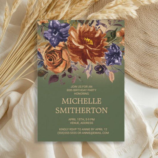 Invitation Rust Orange Bleu Floral Vert 90e Anniversaire Invi