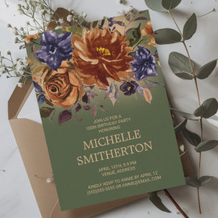 Invitation Rust Orange Blue Floral Vert 100e Anniversaire