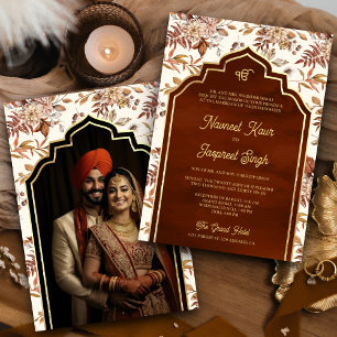 Invitation Rust Orange Floral Photo Anand Karaj Sikh Mariage