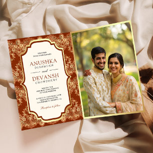 Invitation Rust Orange Gold Lace QR Code Photo Mariage indien