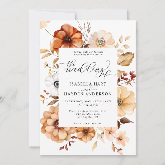 Invitation Rust Orange Terracotta Fall Floral Boho Mariage (Devant)