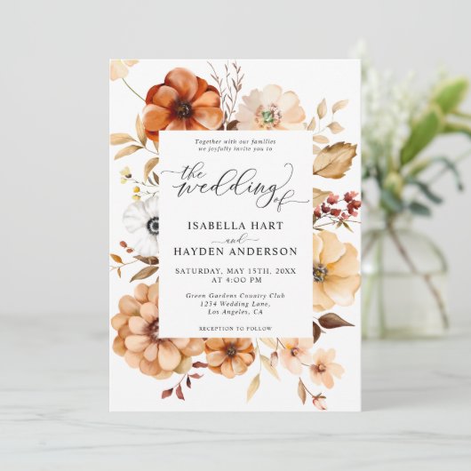 Invitation Rust Orange Terracotta Fall Floral Boho Mariage (Debout devant)