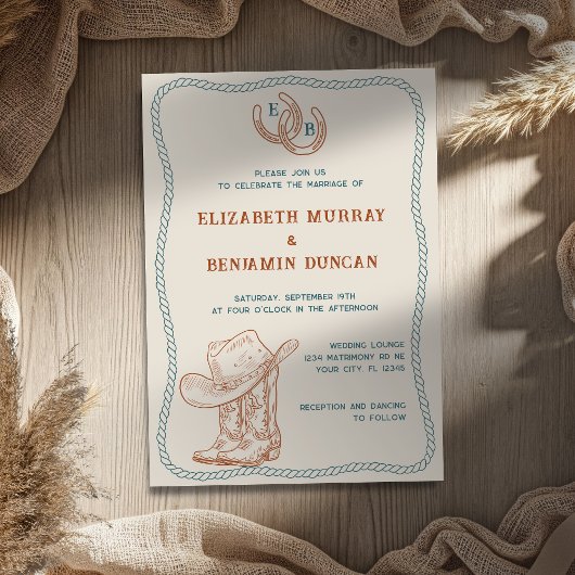 Invitation Rust Teal Western Horseshoe Monogram Wedding