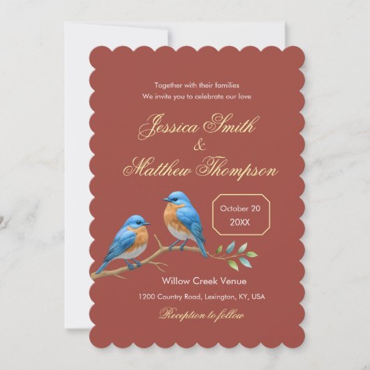 Invitation Rust Terracotta Bluebirds Golden Script Mariage (Devant)