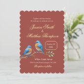 Invitation Rust Terracotta Bluebirds Golden Script Mariage (Debout devant)