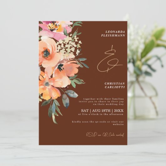 Invitation Rust Terracotta Floral QR Code Mariage (Debout devant)